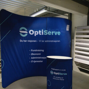 Stand og messe materiell med firma logo,produsert av ABM Reklame.