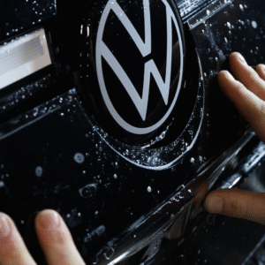 Hender monterer beskyttelsesfolie rundt Volkswagen-logo på bil dette er Paint Protection Film på ABM reklame Hamar