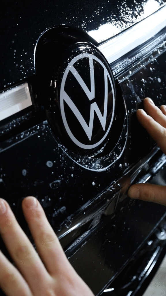 Hender monterer beskyttelsesfolie rundt Volkswagen-logo på bil dette er Paint Protection Film på ABM reklame Hamar